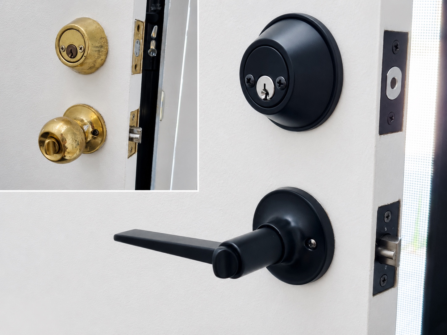 Before and after of worn brass door hardware replaced with matte black handle and deadbolt