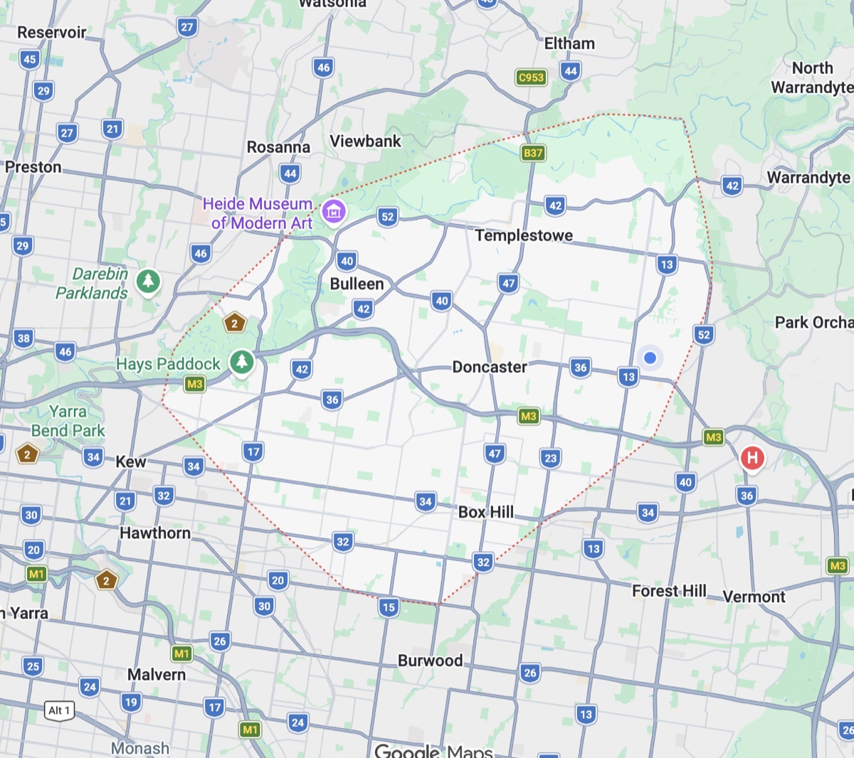 Map of the Doncaster Handyman service area across Doncaster and Melbourne's eastern suburbs
